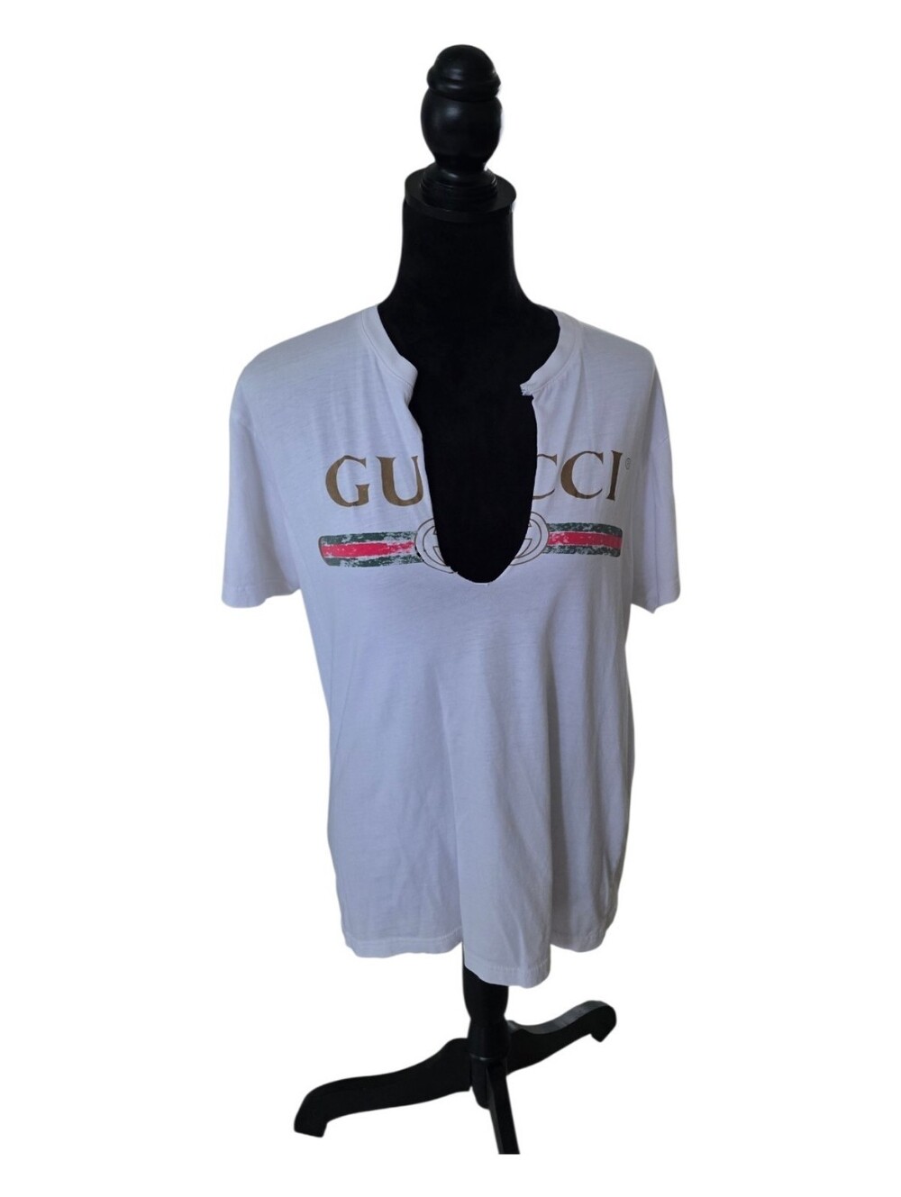 Gucci Logo T-shirt with DIY Vertical Cut Distress Look